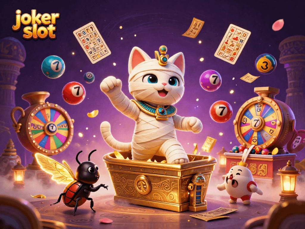 Engage with the joker slot fun in a vibrant 3D casino scene featuring lucky symbols and characters.