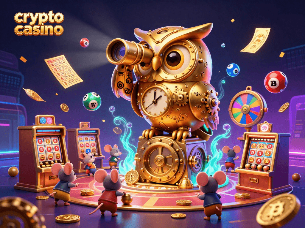 Engage in a vibrant crypto casino scene with a playful owl and animated game elements.