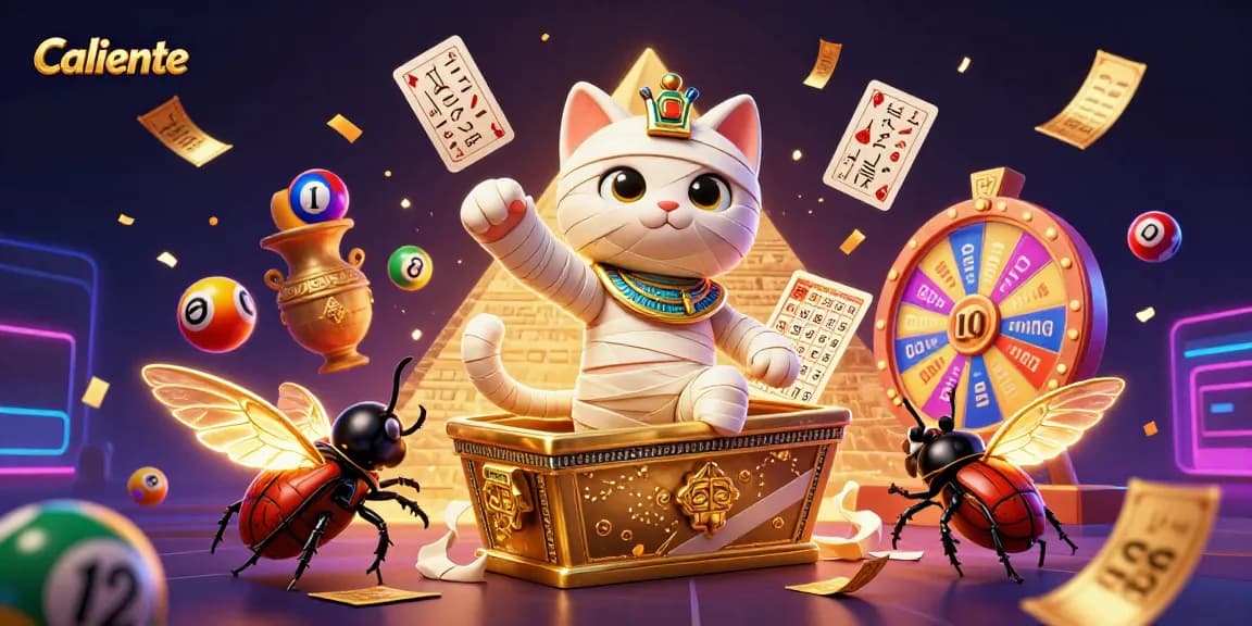Caliente showcases a vibrant casino scene with thrilling gaming elements and colorful lottery balls.