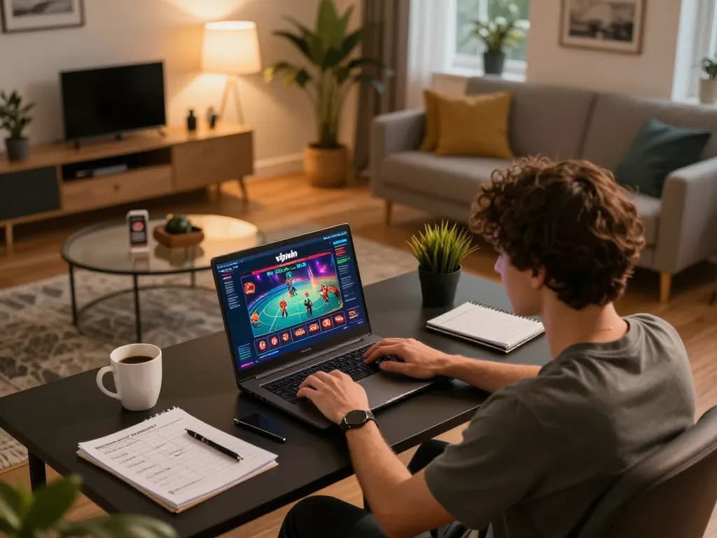 Engaging online gaming experience on vipwin platform with a player using a laptop in a cozy home setting.