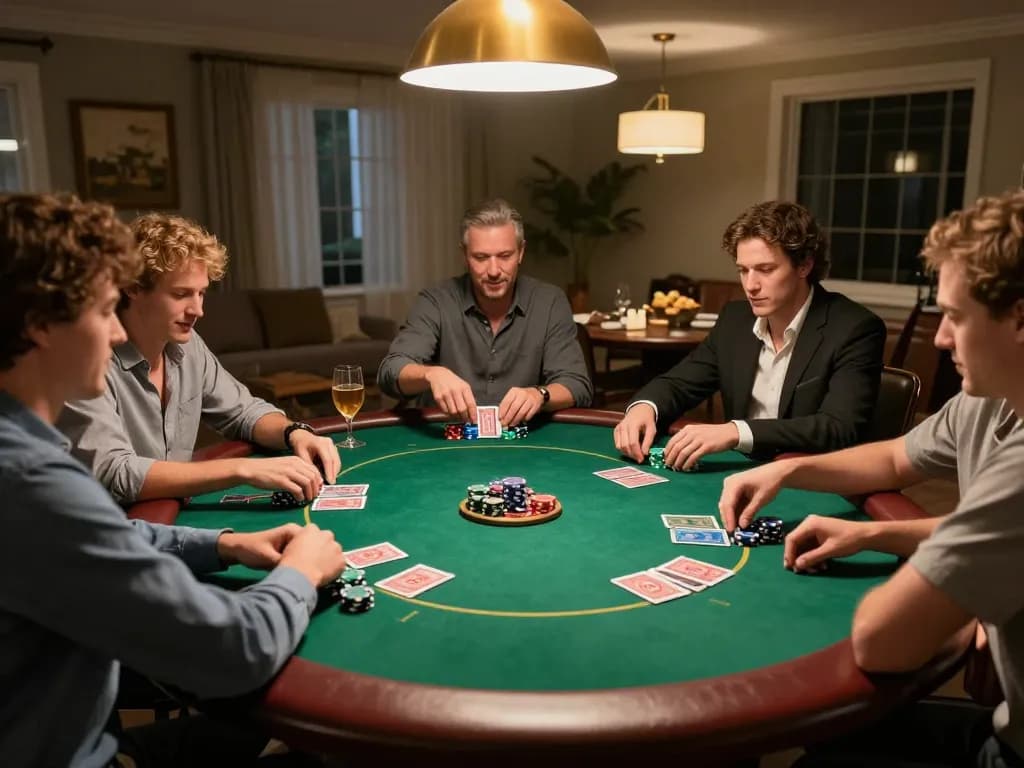 Friends playing poker at home during a lively game night, showcasing the fun and strategy of king33.