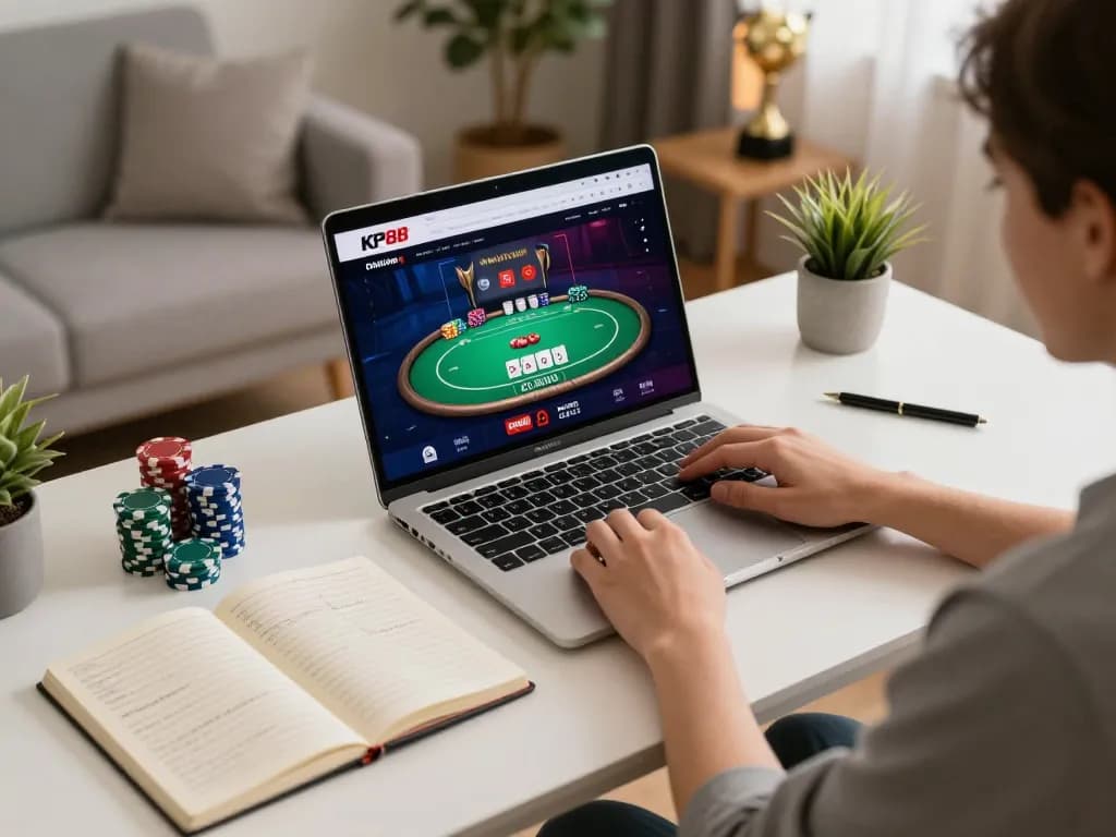 KP88 player analyzing poker strategies on laptop with vibrant game interface.