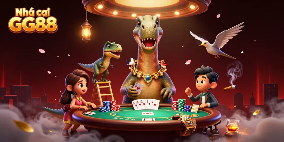 Engage with Nhà cái GG88 through an exciting poker scene featuring a giant brontosaurus and clever raptor.