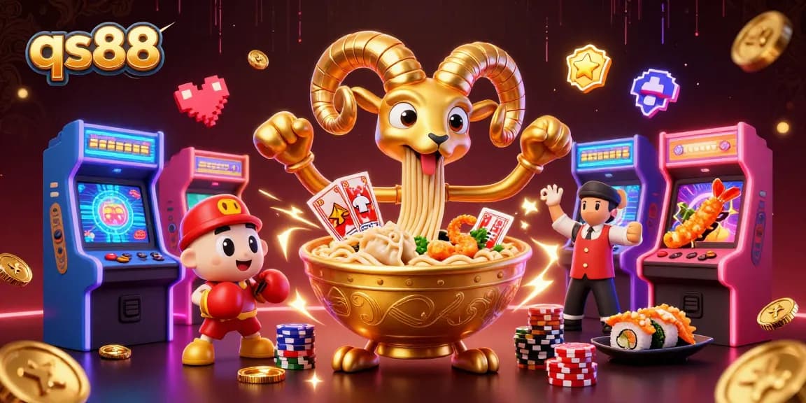 Join the fun with qs88 as our ramen bowl dealer stacks chips and deals cards in this vibrant casino scene.