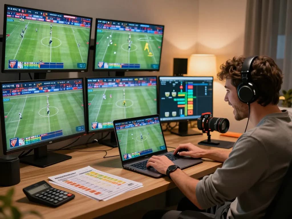 Person analyzing bets and placing wagers on bcx88 sports platform in a lively home office