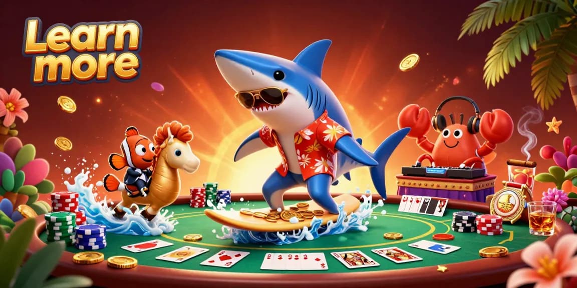 Learn more about this vibrant casino scene with a shark surfing on gold coins amidst poker elements.