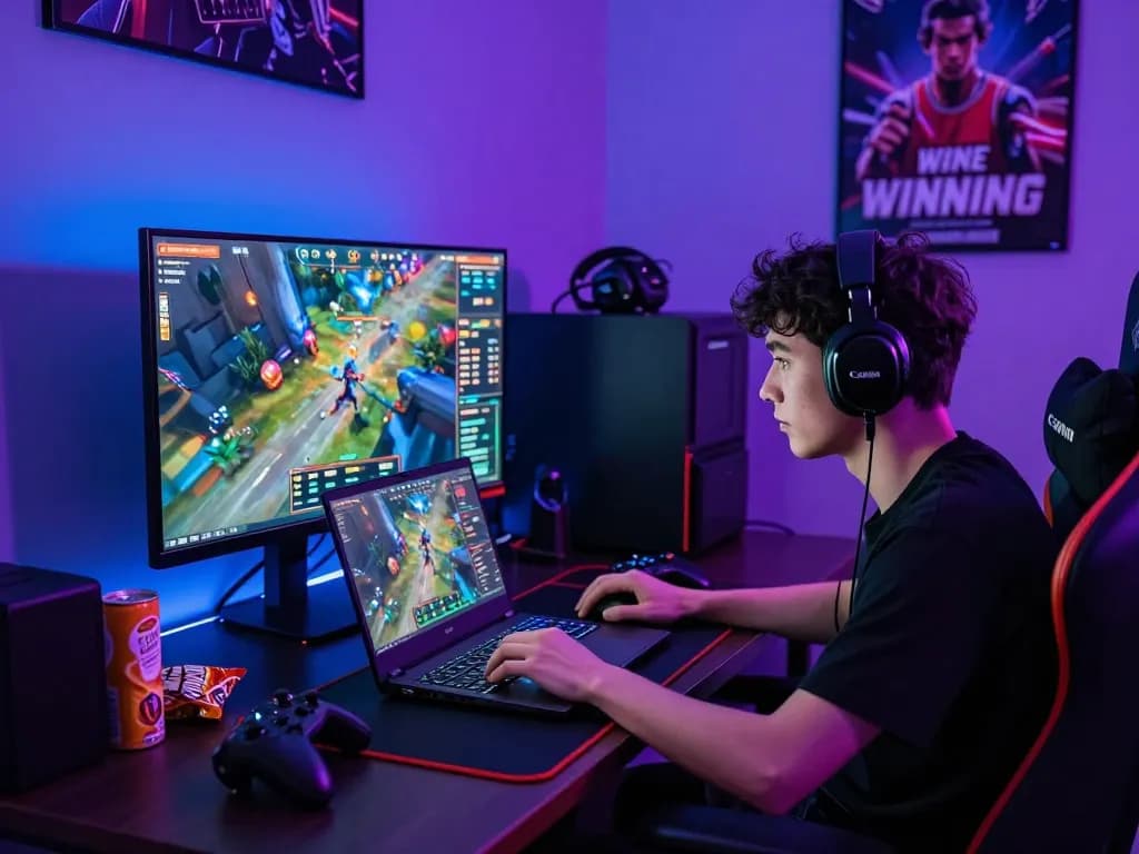 Exciting gaming setup showcasing winstrike69's vibrant interface and user engagement with gaming accessories and LED lighting.