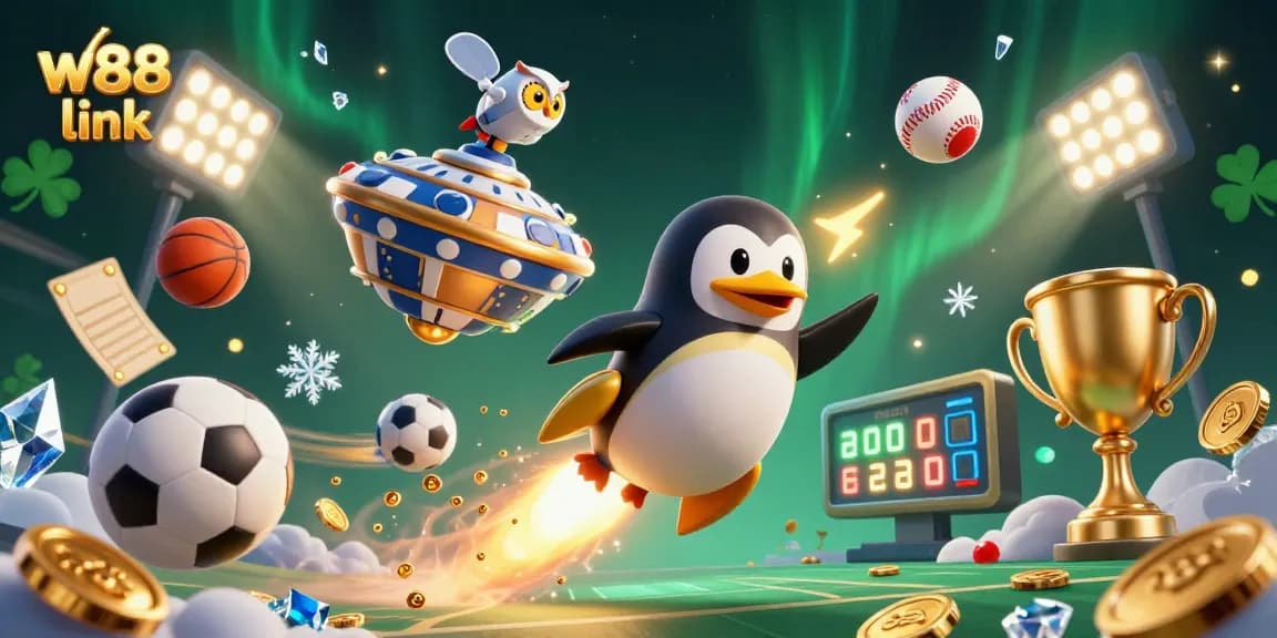 Place bets easily with the W88 link featuring exciting sports elements and a golden penguin theme.
