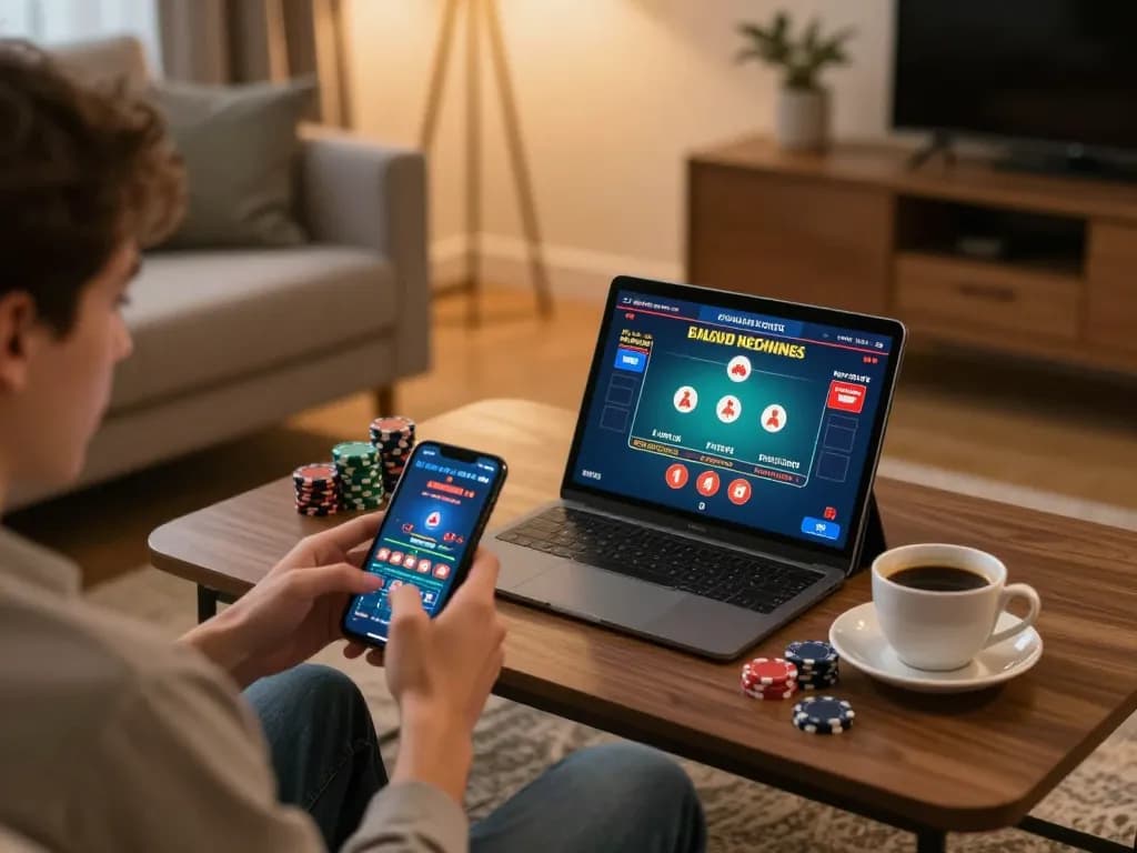 Engaging in responsible online gaming with Nhà Cái FB88 on a smartphone in a cozy home setting.