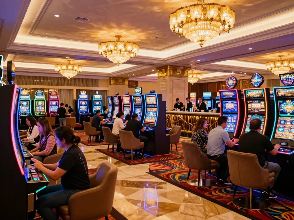 Engaged players at F8BET's exciting casino floor, showcasing vibrant slot machines and casino atmosphere at https://www.dacsandatphanrang.com/