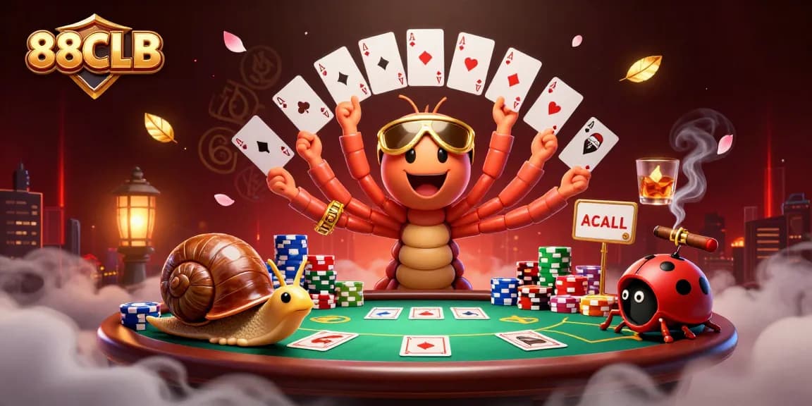 Experience the excitement of 88CLB with lively characters at a dynamic poker table, bringing gaming to life.