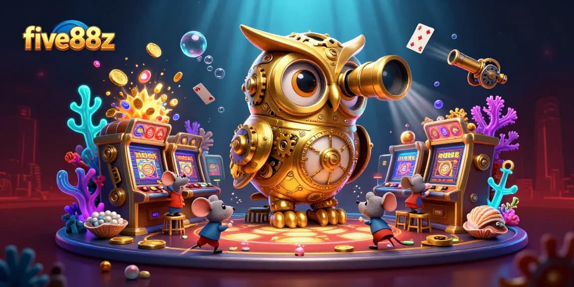 Engage in thrilling moments at five88z, showcasing a vibrant 3D owl atop a casino vault with dynamic gold and gem-filled scenes.
