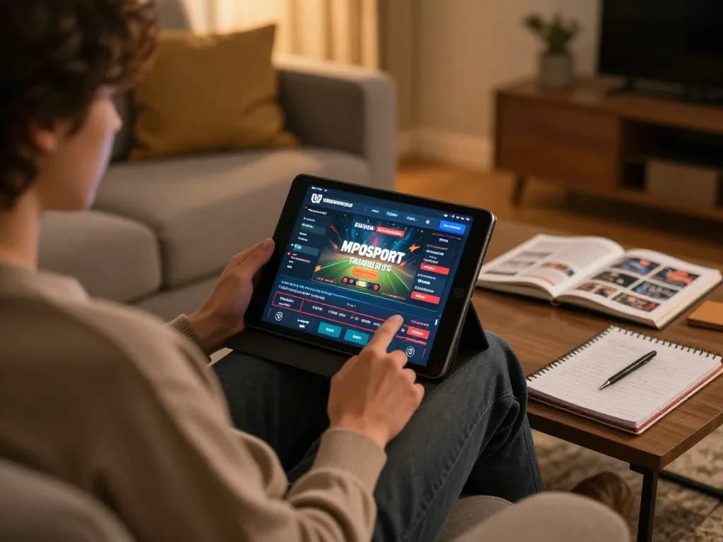 Engaging with MPOSPORT online gaming strategies from a cozy sofa setting.