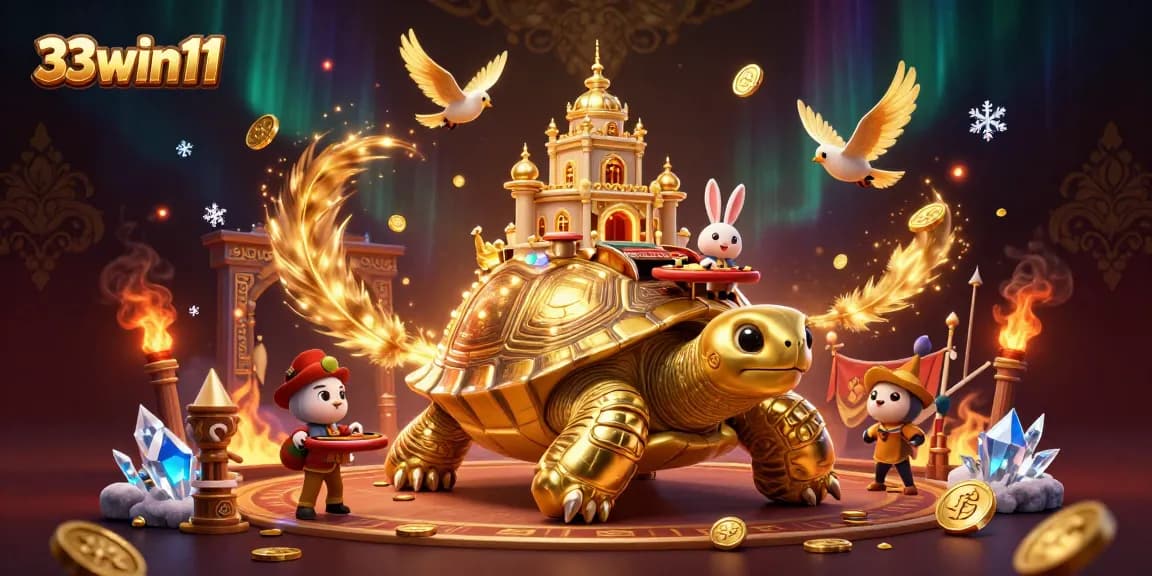 Experience massive wins at 33win11 with an exciting 3D illustration showcasing a golden tortoise casino.