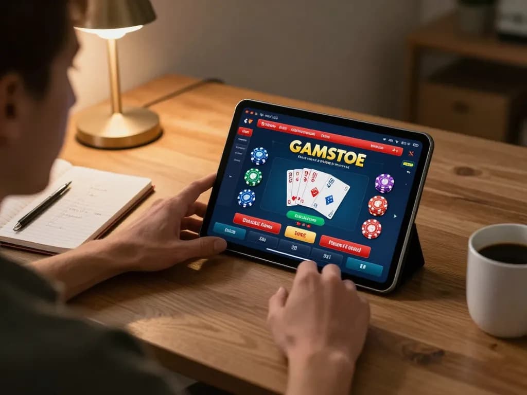 Engaging in non gamstop casino gameplay on a tablet at home desk with chips and cards visible.