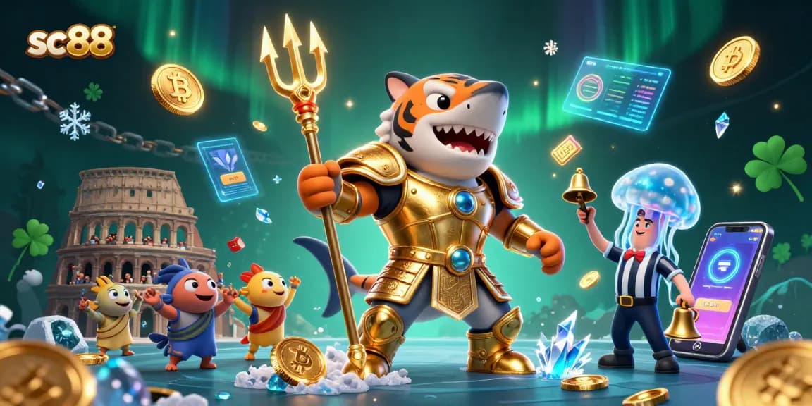 Engage in thrilling gaming action at SC88 with a dazzling underwater scene featuring a gladiator shark.