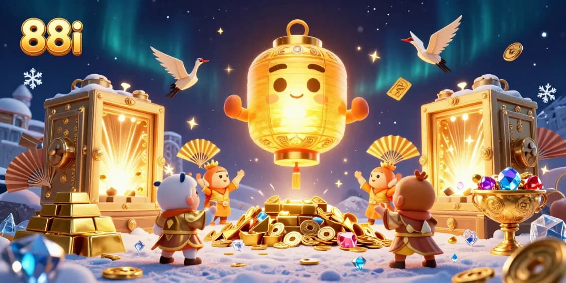 Experience thrilling wins at 88i with a vibrant illustration of lucky symbols, golden treasures, and casino excitement.