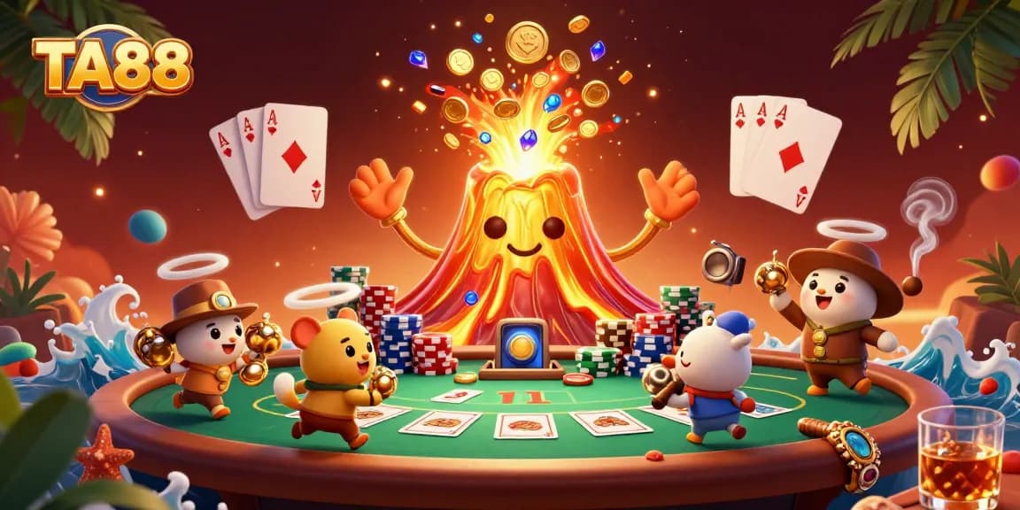 TA88 unleashes a vibrant scene with a golden volcano erupting coins and poker elements.