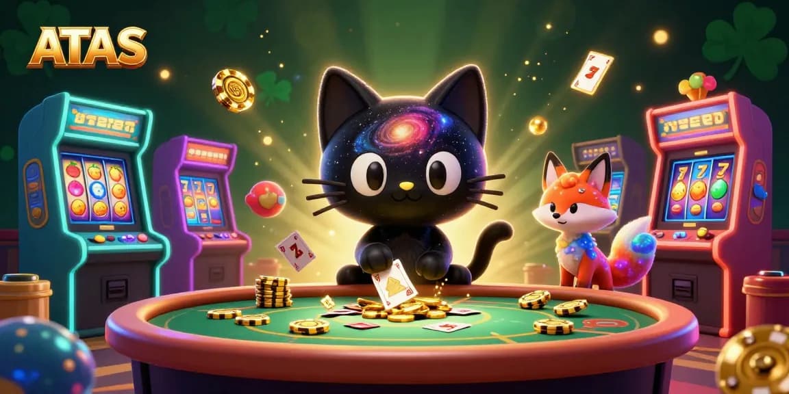 Engage with ATAS Casino's vibrant gaming scene featuring a cosmic black hole cat and colorful decorations.
