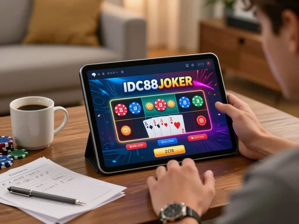 Player engaging with IDC88JOKER on tablet at home, showcasing online gambling experience.