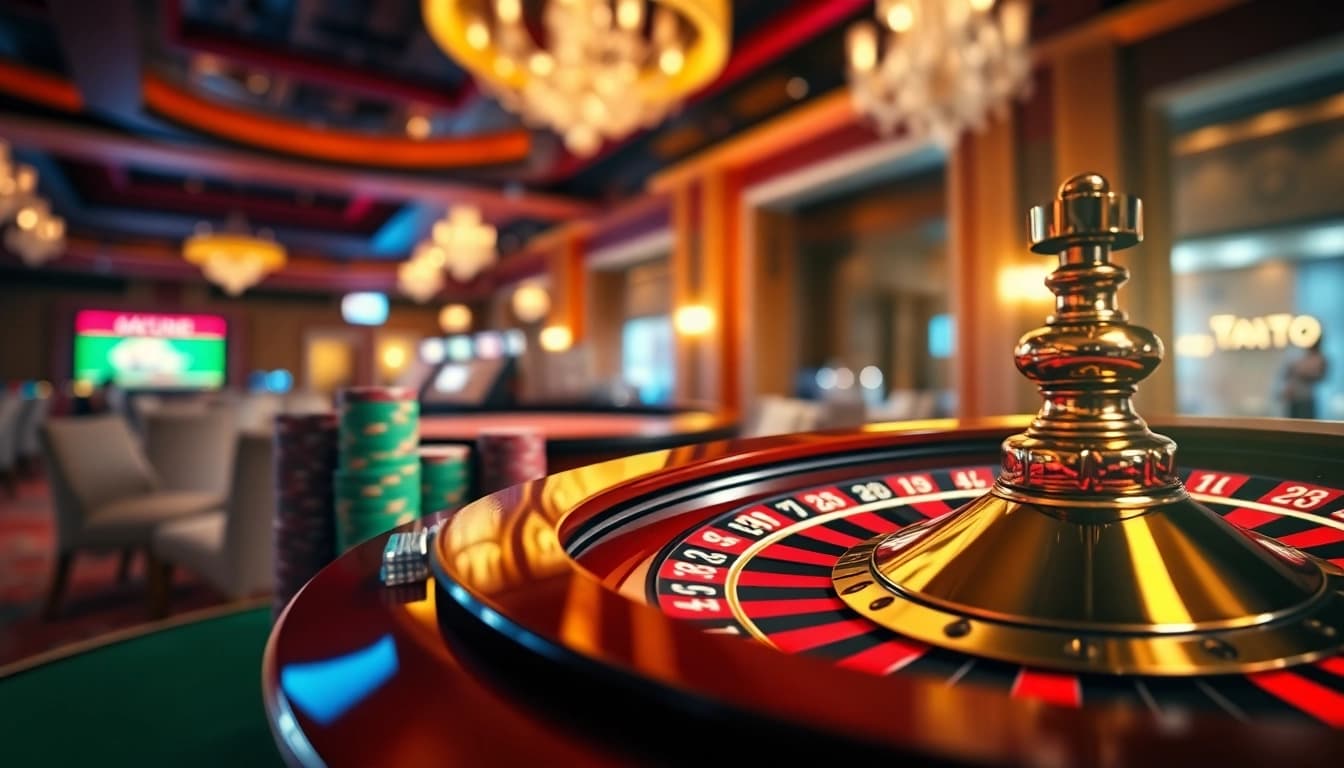 Main focus situs toto yang menggambarkan casino dengan roda roulette dan suasana mewah.