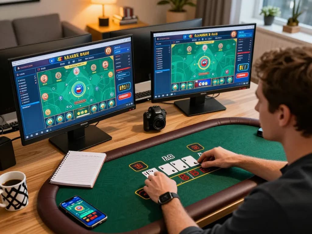 Pemain Fly-Nepal merencanakan strategi di meja blackjack dealer langsung di kantor rumah yang bergaya