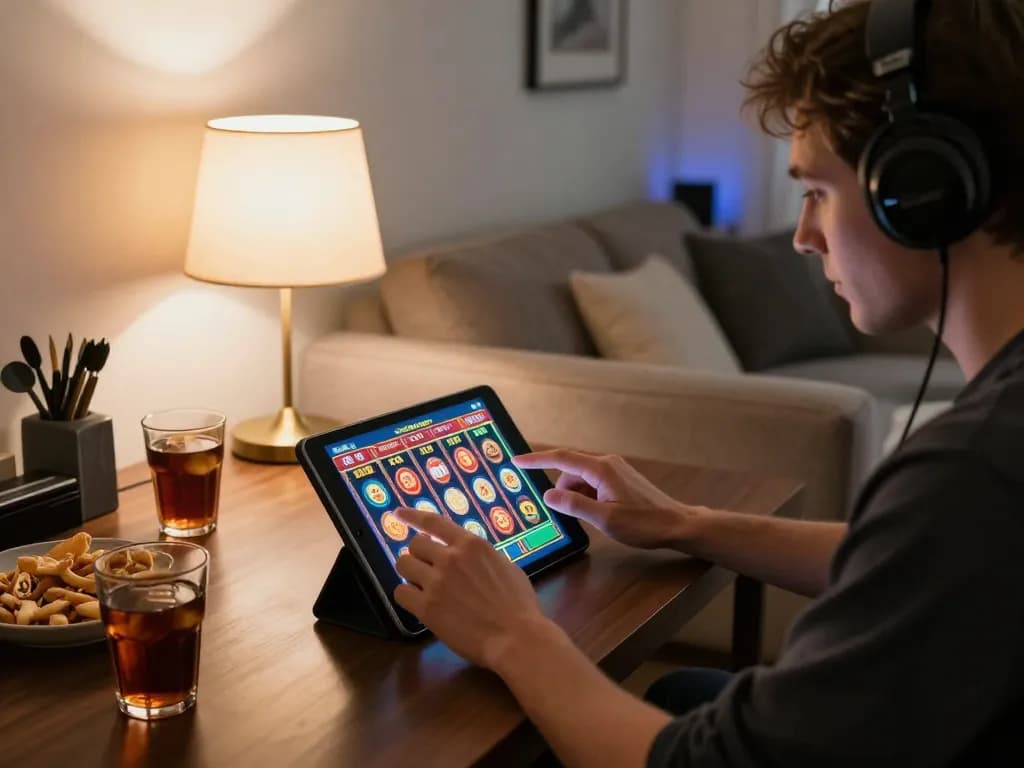 Play slots on IDC88JOKER in a cozy home environment with a focused gamer.