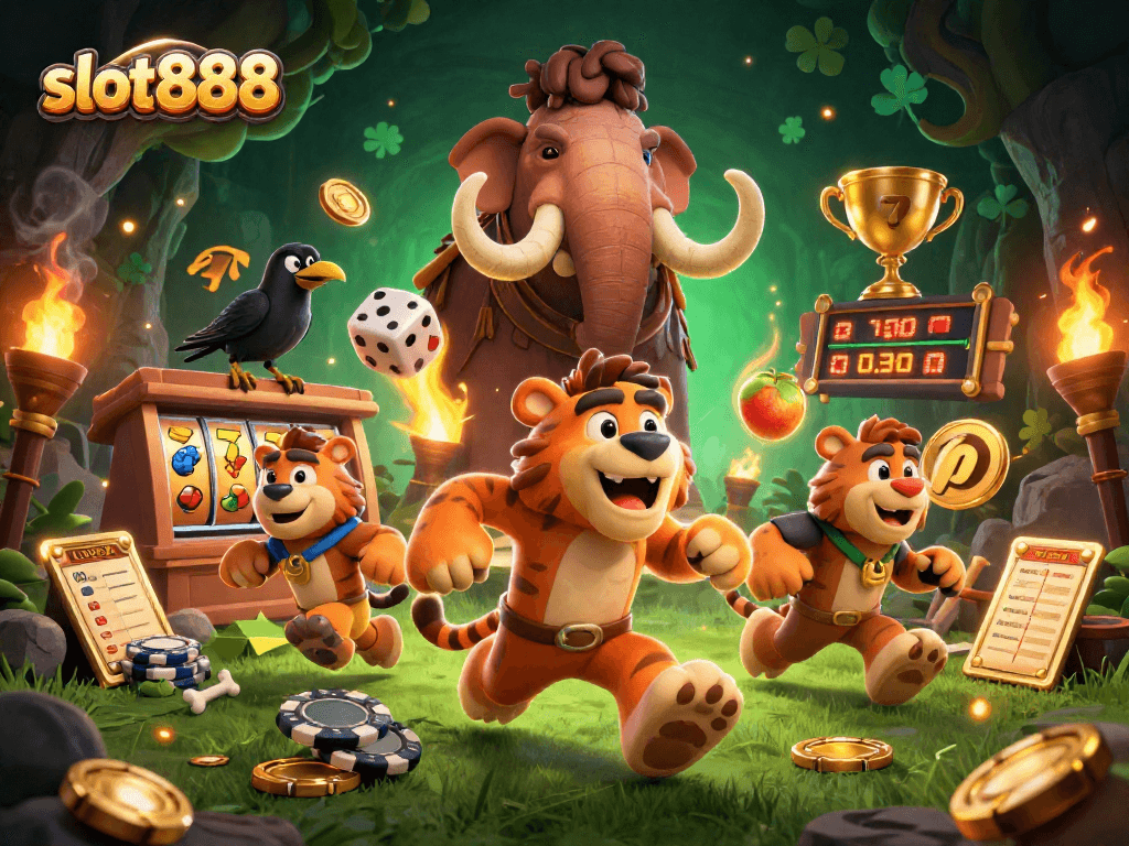 Memenangkan slot888 di kasino prasejarah dengan simbol keberuntungan dan dadu di latar belakang