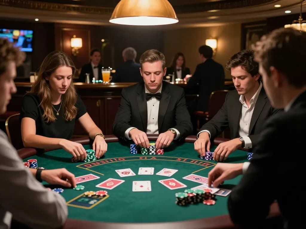MPO08 players strategizing during blackjack with stacked chips and vibrant casino lighting.