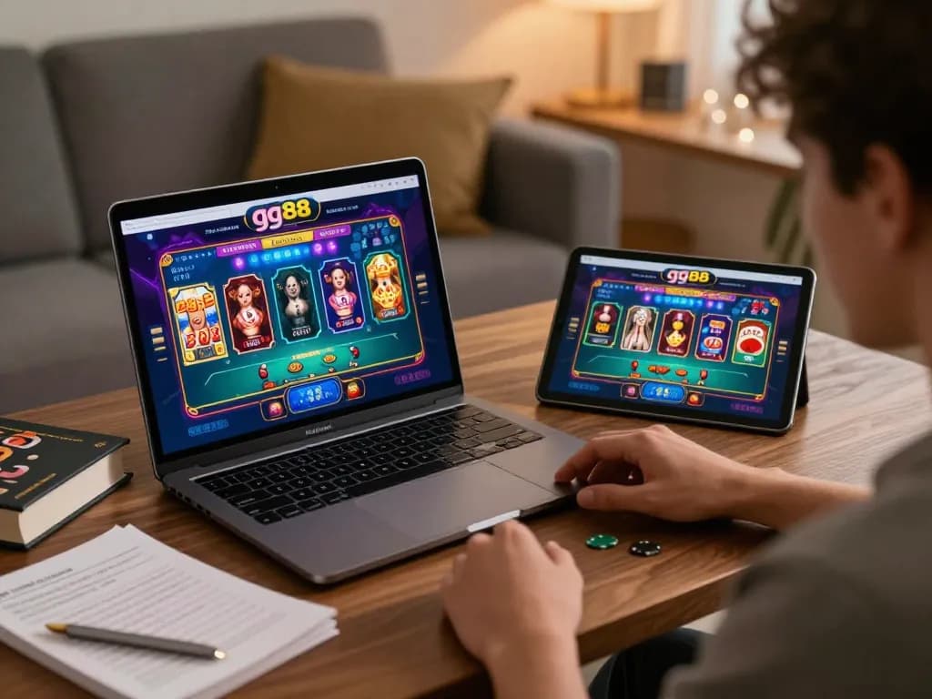 Engaging in gg88 online gambling from home, with vibrant gaming screens and strategy notes.
