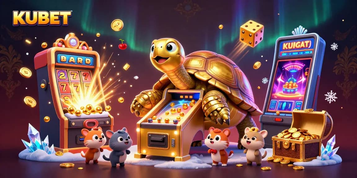 KUBET offers thrilling slots and gaming fun with a colossal golden tortoise at the center.