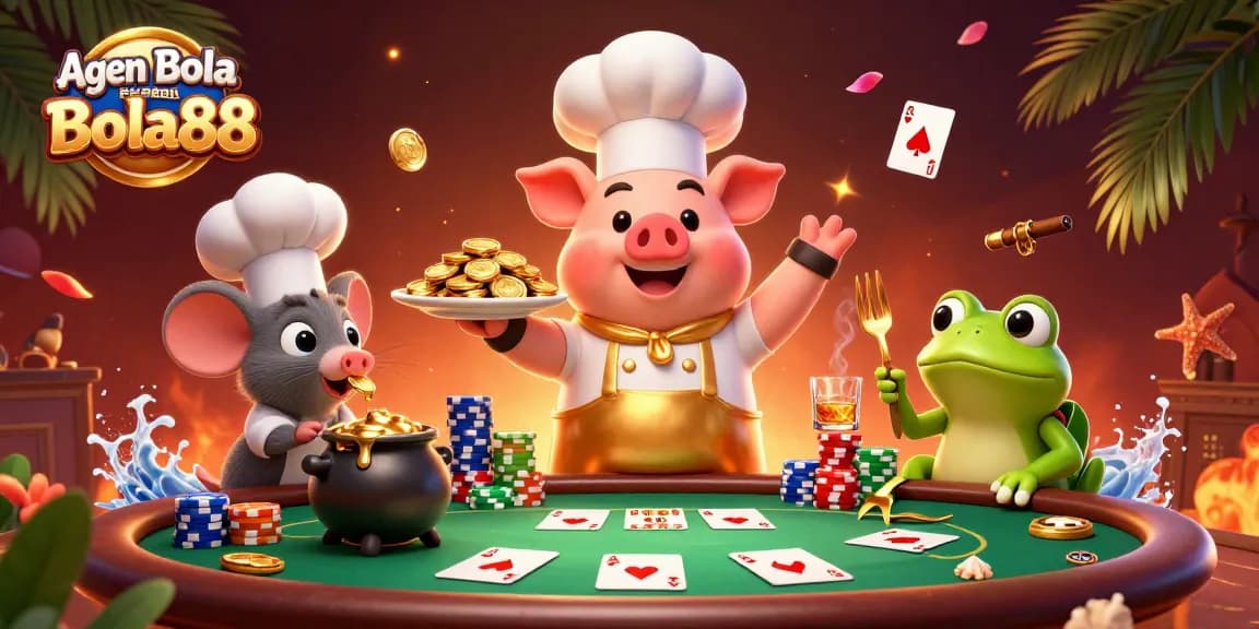 Engage with Agen Bola Resmi Bola88 through a gourmet betting experience featuring playful casino characters.