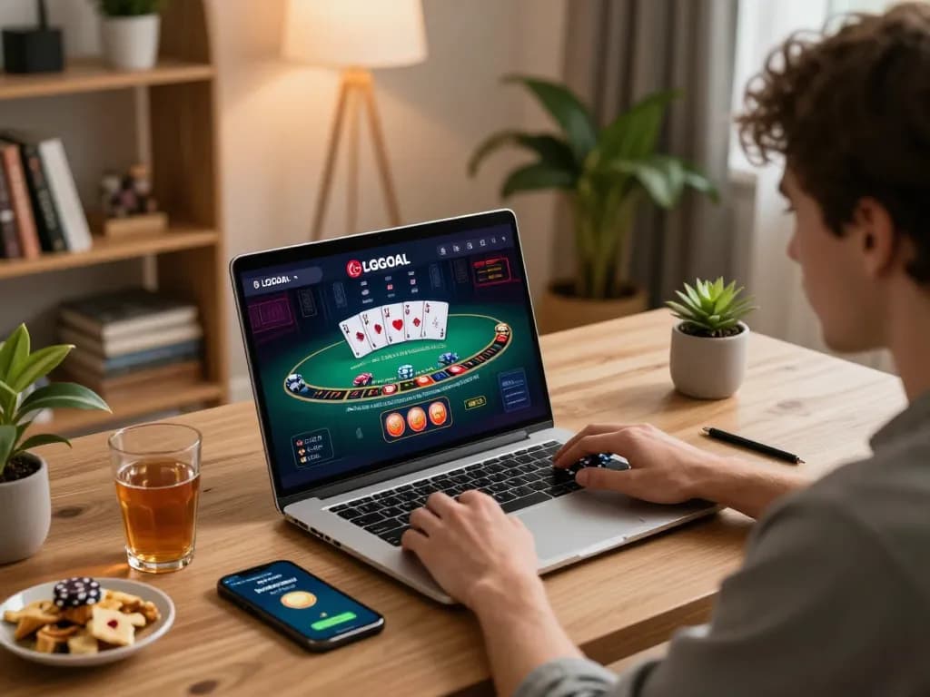 Player engaging with LGOGOAL online casino on laptop, showcasing an exciting gaming setup and environment.