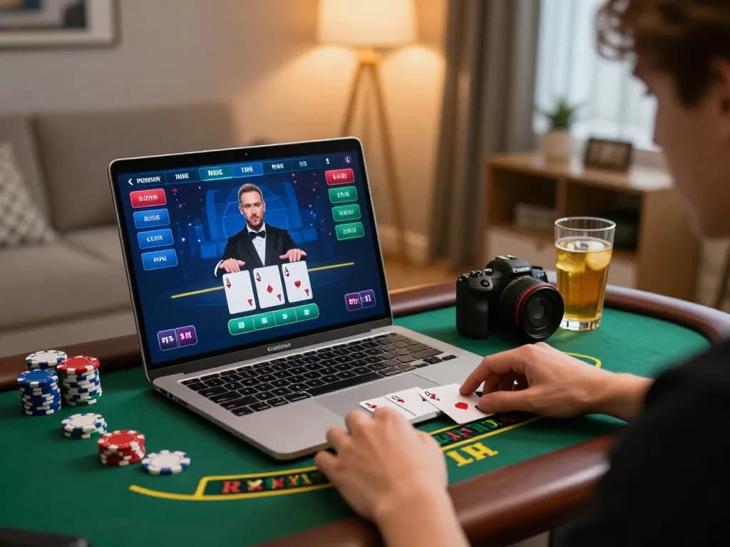 person playing blackjack at home on sc88e online casino platform, showcasing strategic gameplay and inviting atmosphere