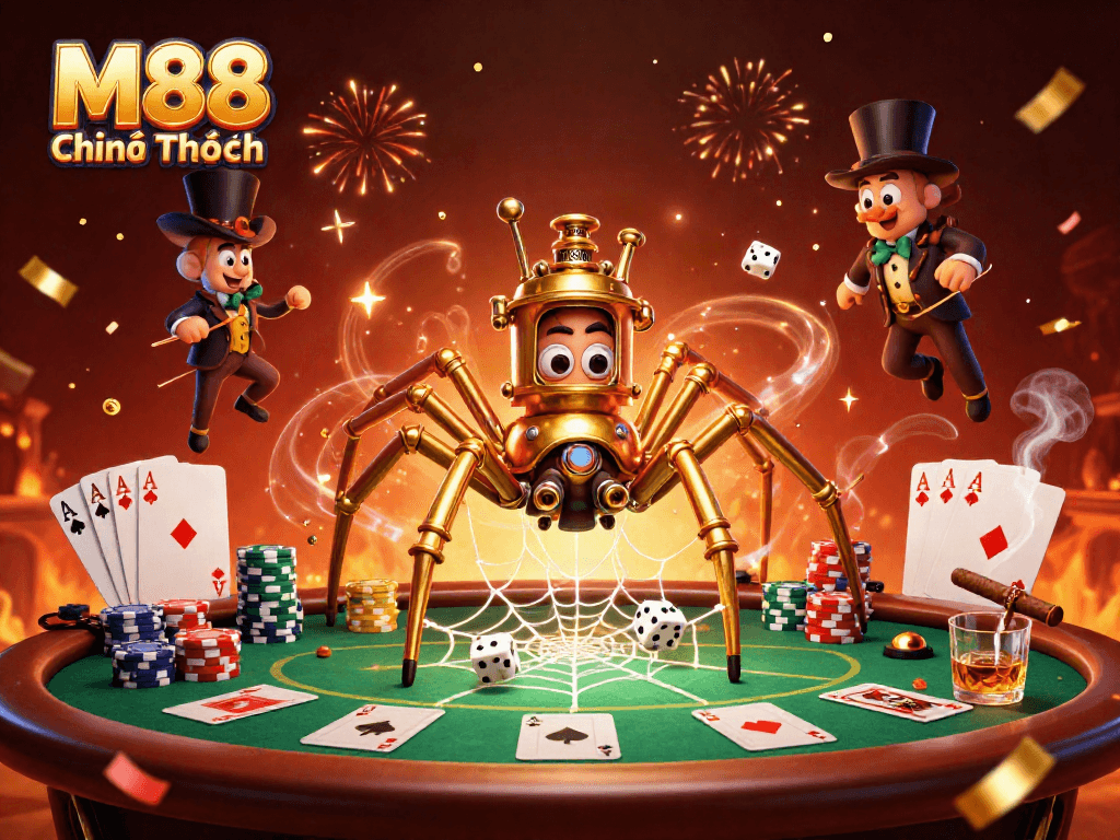 Experience M88 Chính Thức as a whimsical golden spider ensnares dice among vibrant casino symbols.