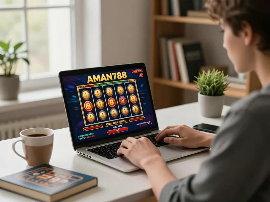 Pemain yang terlibat dengan slot online aman788 di kantor rumah yang bergaya, menunjukkan permainan yang strategis.