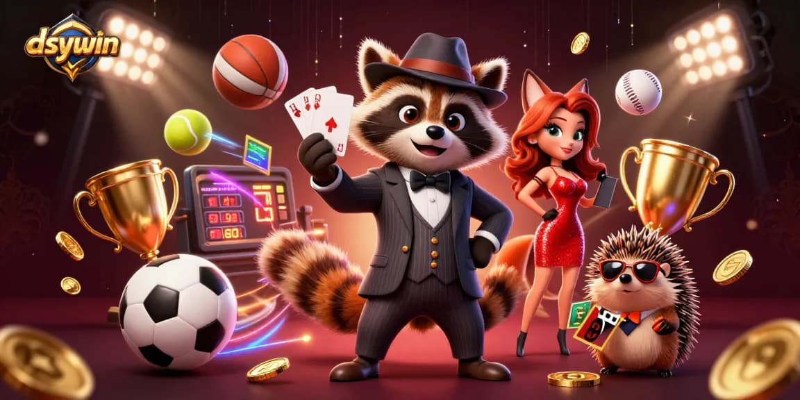 Experience the excitement of dsywin's casino with a suave raccoon and a dazzling fox in a vibrant 3D digital illustration.