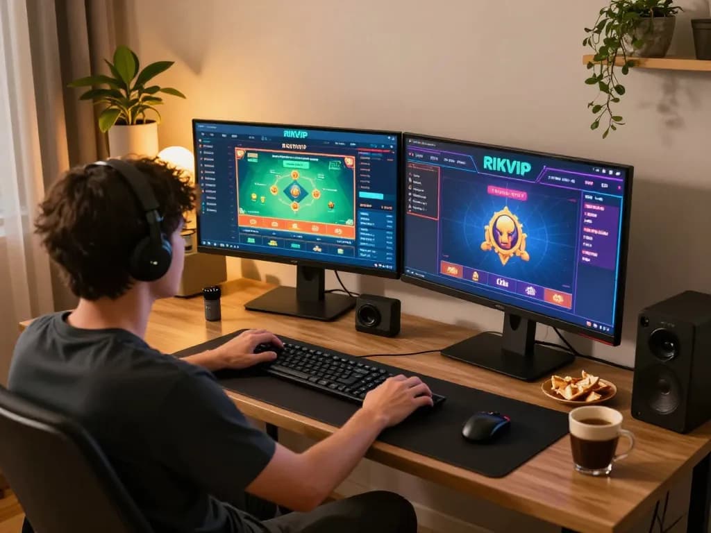 Engaging with RIKVIP online casino setup showcasing dynamic game play on dual screens