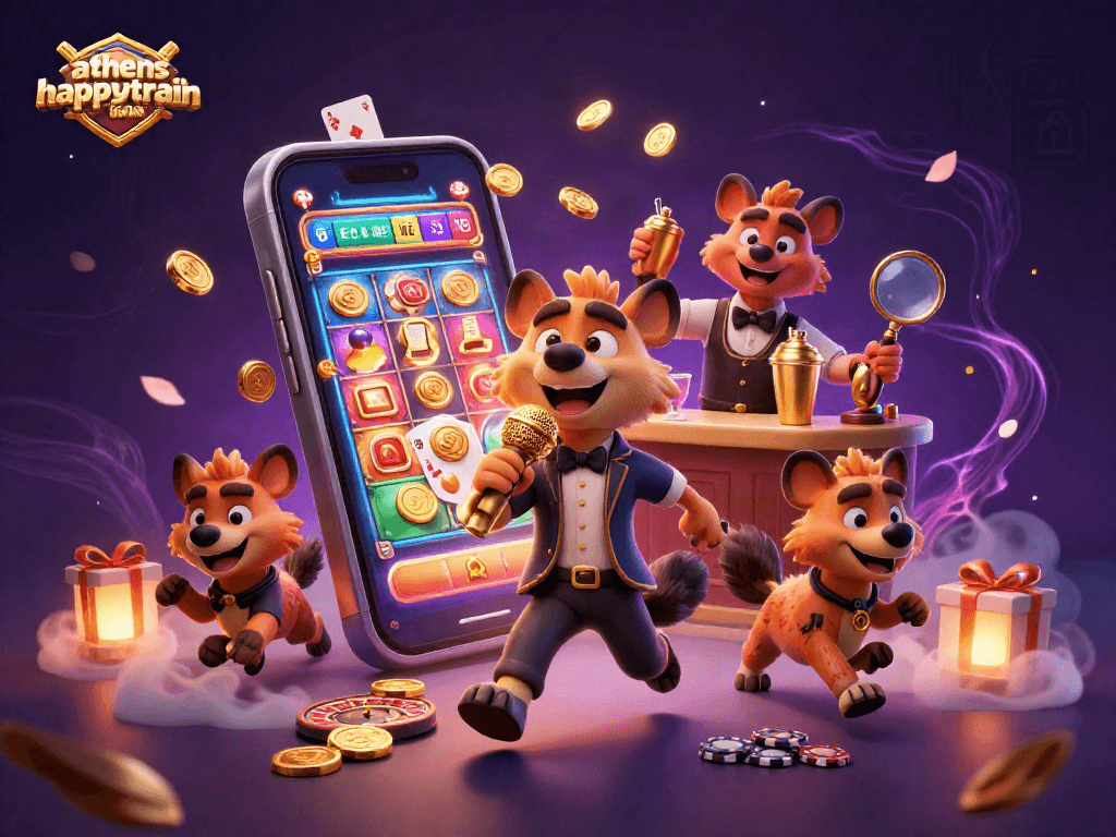 A lively scene of hyenas in a comedy casino club showcasing athenshappytrain with dynamic gambling elements and humor.