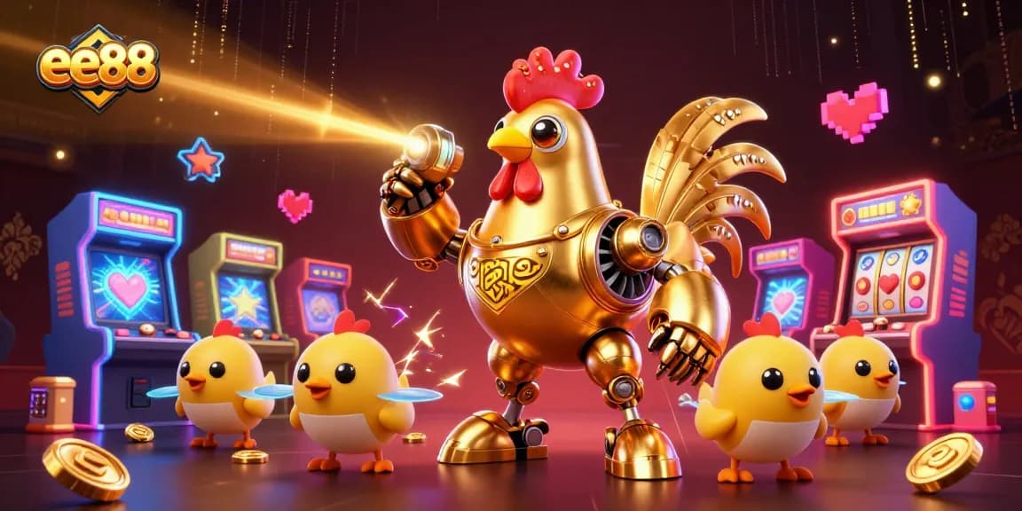 Experience thrilling gaming adventures at ee88 with a golden rooster robot and arcade elements.