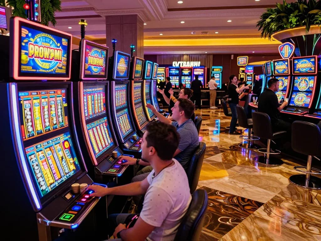 Players enjoying vibrant gaming action at F168 slot machines in a luxurious casino.