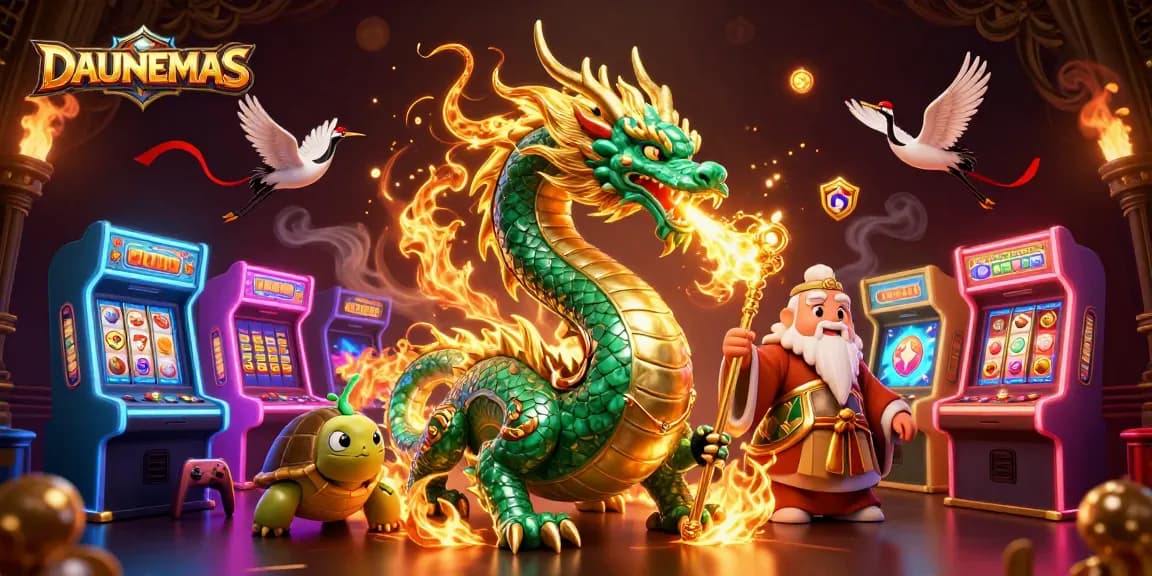 Experience DAUNEMAS with a lavish illustration showcasing casino elements and characters.