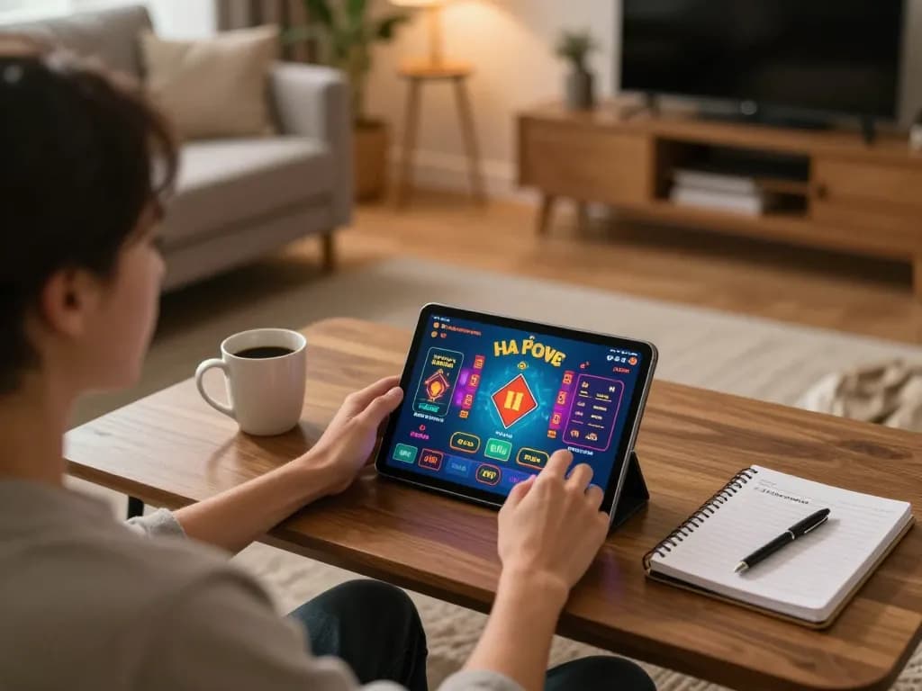 Person engaging with the app tài xỉu online on a tablet in a cozy home setting, showcasing interactive gameplay with strategy notes.