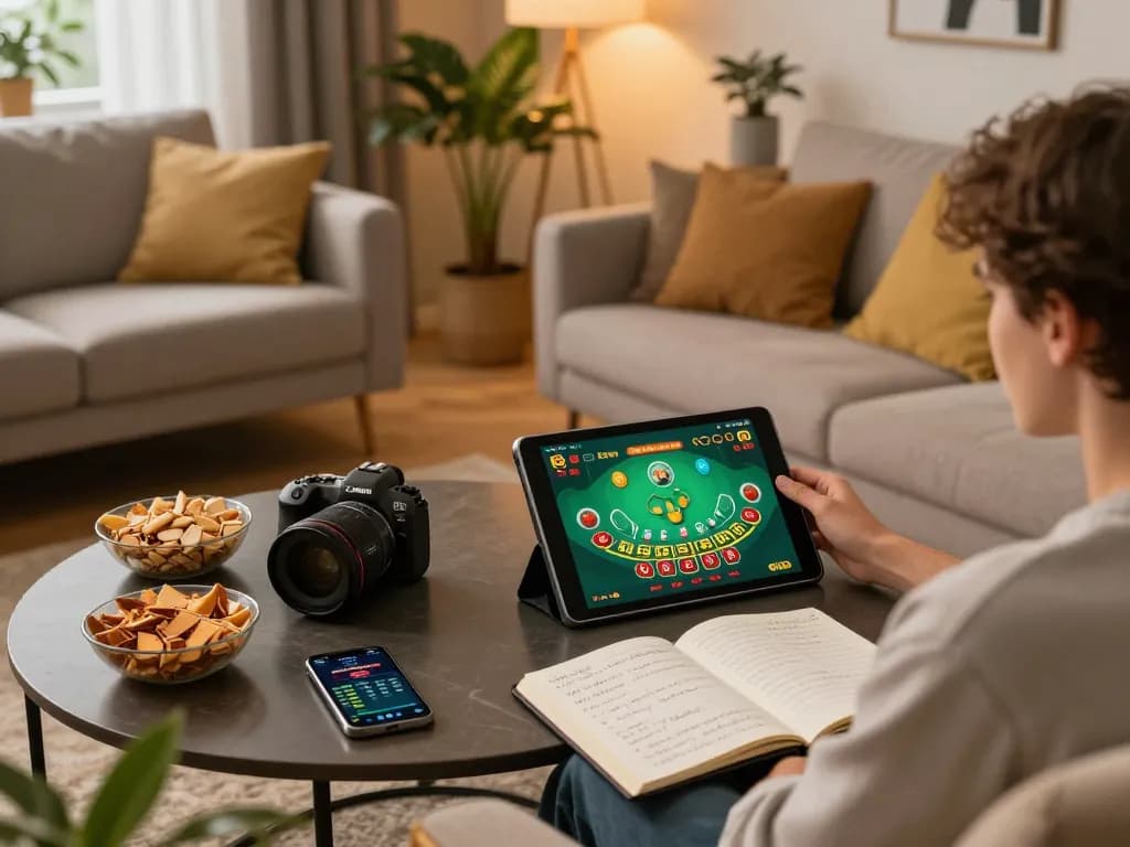 Engaging online casino gameplay on ck444s platform, showcasing a tablet with blackjack interface and casual home setting.