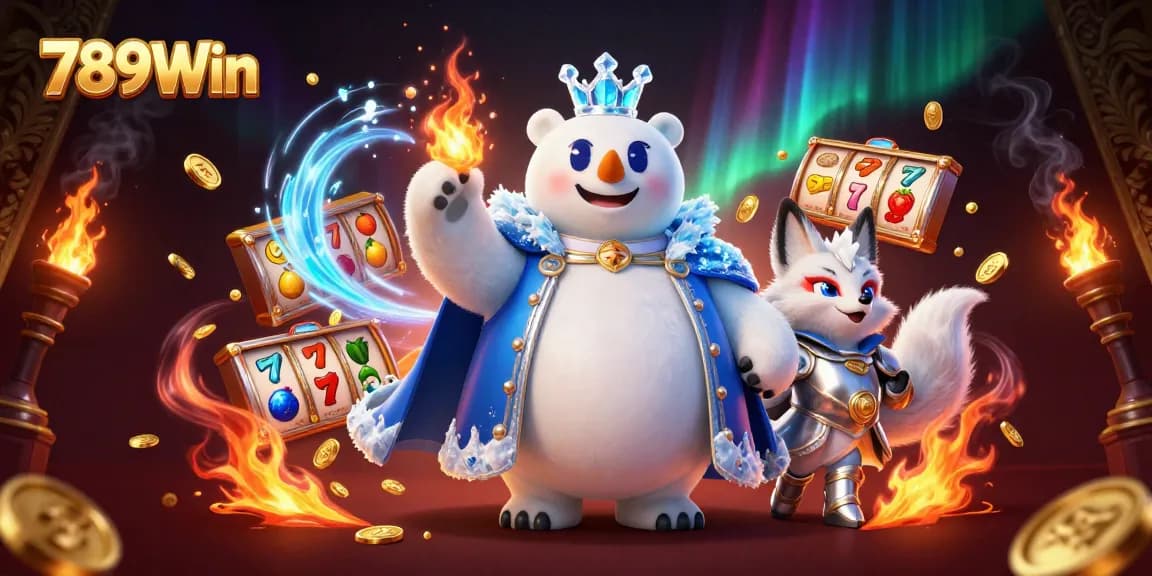 Experience the thrilling world of 789Win with a majestic ice king and silver fox in a vibrant casino scene.