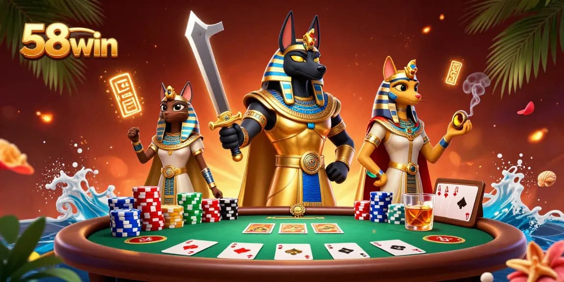 Experience the energy of 58win with a stunning scenario featuring poker elements and ancient Egyptian characters.