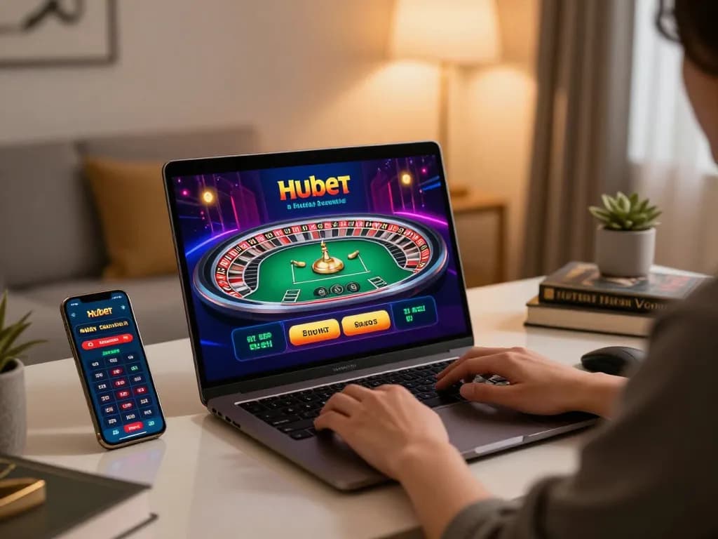 Engaging Hubet gameplay on a laptop in a stylish home setting, showcasing responsible online gambling.