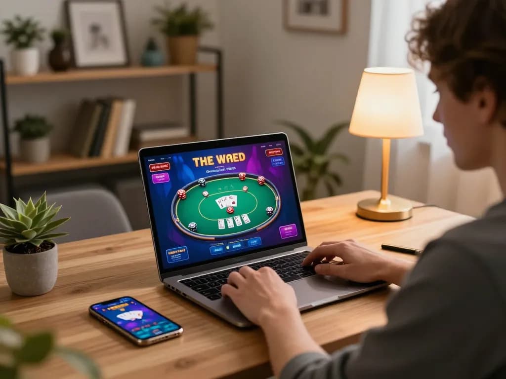 Player engaging in online casino gaming with 11-hd on laptop, showcasing strategic betting action