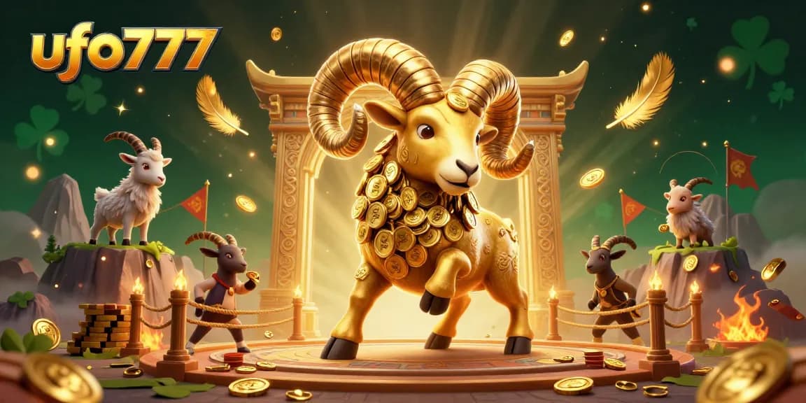 Engage in thrilling battles with ufo777's dynamic casino scene of a golden ram charging through a colorful arena.