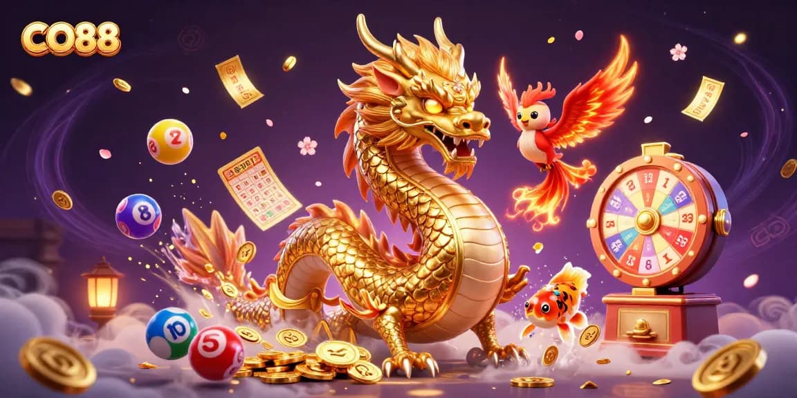 Engage with CO88 by exploring thrilling casino games through a vibrant 3D illustration.